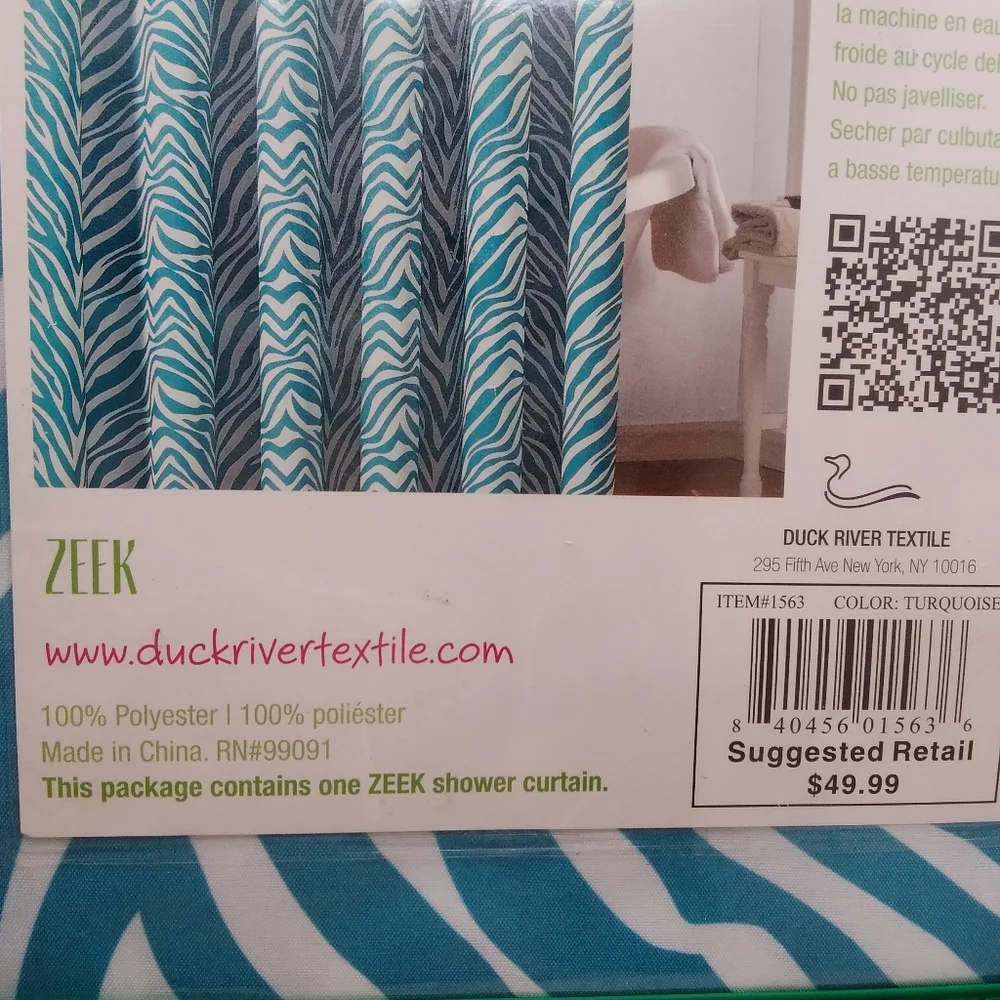 Duck River Textile Zeek SHOWER CURTAIN Fabric Zebra Stripe Turq Animal Print NIP